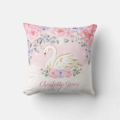 Magical Floral Swan Princess Girl Nursery Decor Throw Pillow