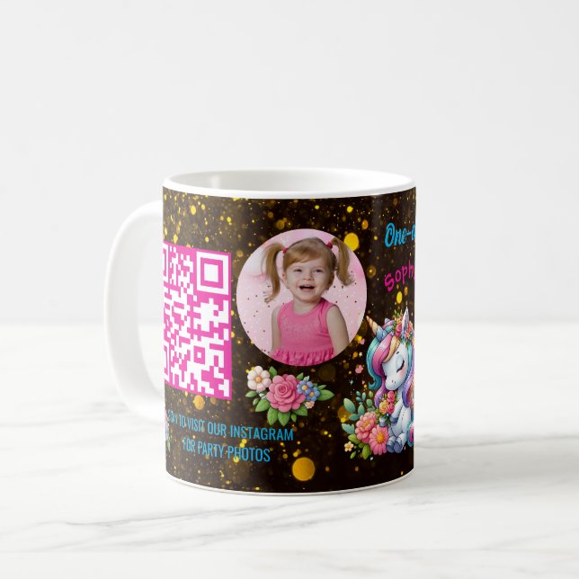 Magical Floral Unicon Kids Birthday Barcode Favor Coffee Mug (Front Left)