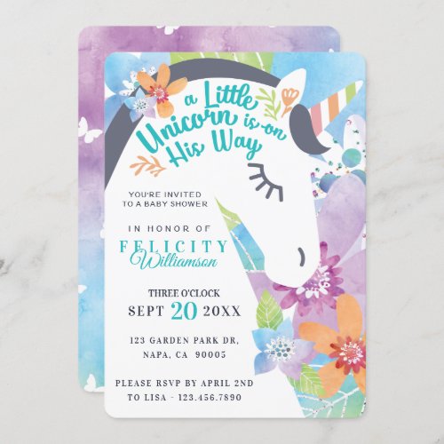Magical Floral Unicorn Baby Boy Shower Invitation