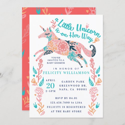 Magical Floral Unicorn Baby Girl Shower Invitation