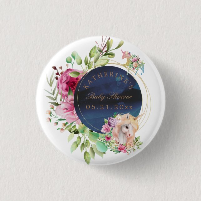 magical floral unicorn baby shower button (Front)