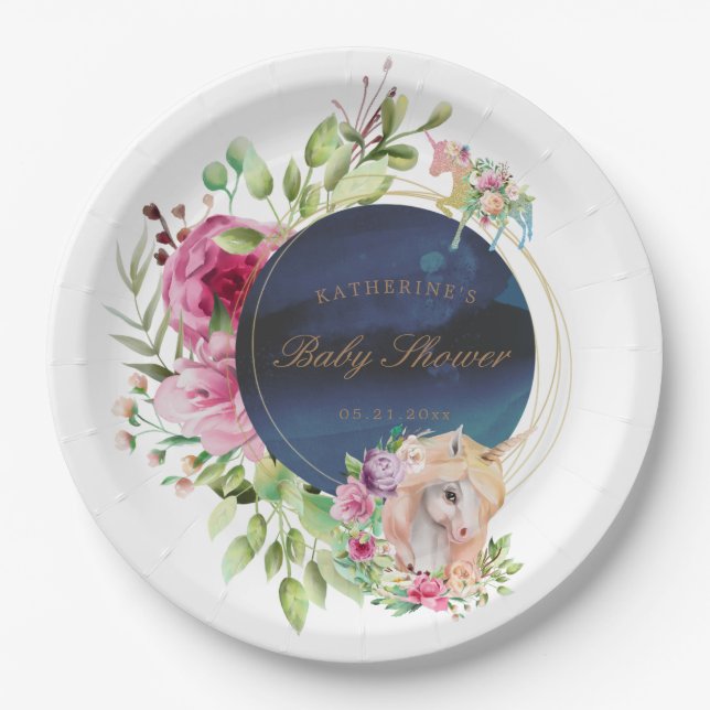 magical floral unicorn baby shower paper plates (Front)