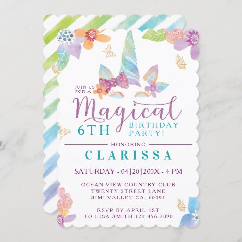 Magical Floral Unicorn Girls Birthday Invitation