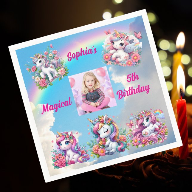 Magical Floral Unicorn Photo Kids Birthday Party  Napkins (Creator Uploaded)
