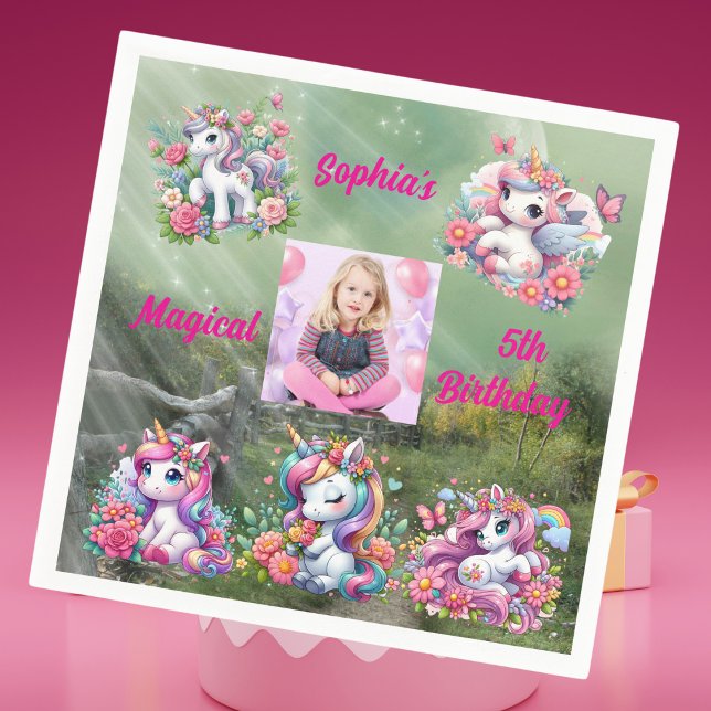 Magical Floral Unicorn Photo Kids Birthday Party  Napkins (Creator Uploaded)