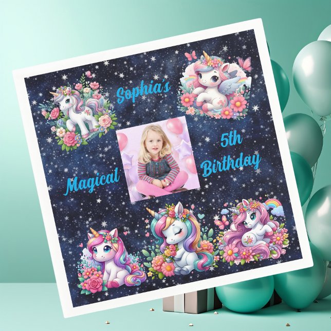 Magical Floral Unicorn Photo Kids Birthday Party  Napkins (Creator Uploaded)