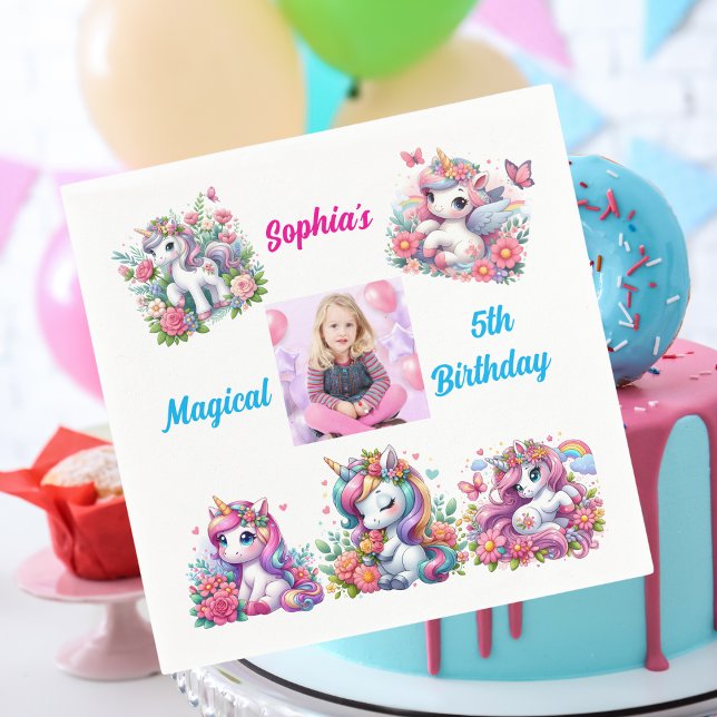 Magical Floral Unicorn Photo Kids Birthday Party Napkins (Creator Uploaded)