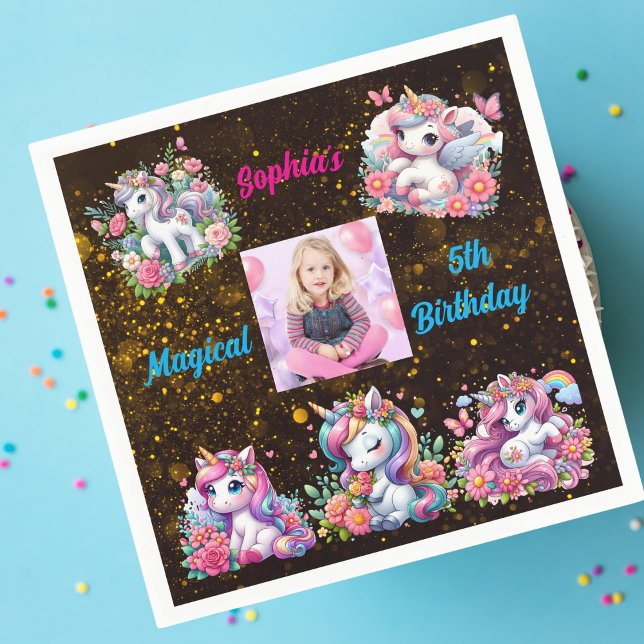 Magical Floral Unicorn Photo Kids Birthday Party  Napkins (Creator Uploaded)