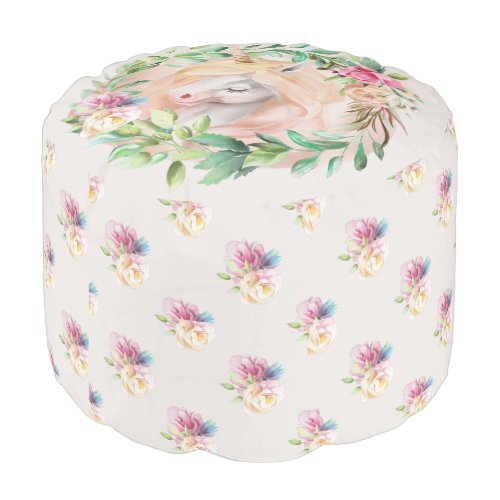 Magical Floral Unicorn Pink Green Kids Pouf