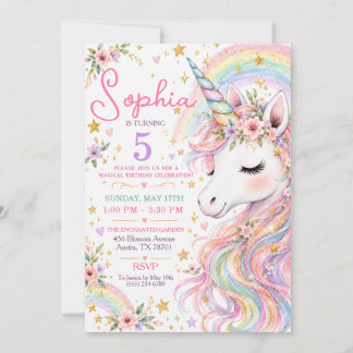 Magical Floral Unicorn Rainbow Birthday Invitation