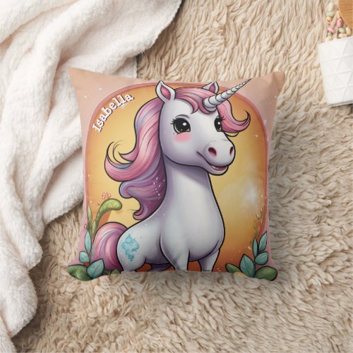 Magical Floral Unicorn with Name Throw Pillow