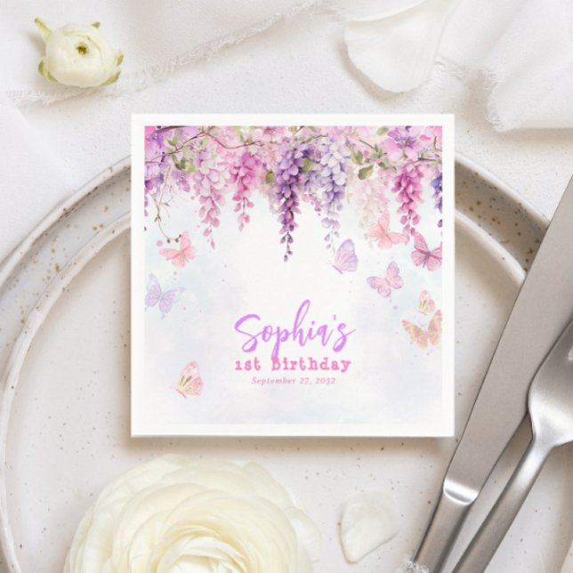 Magical Floral Wisteria Butterly Kids Birthday Napkins (Creator Uploaded)