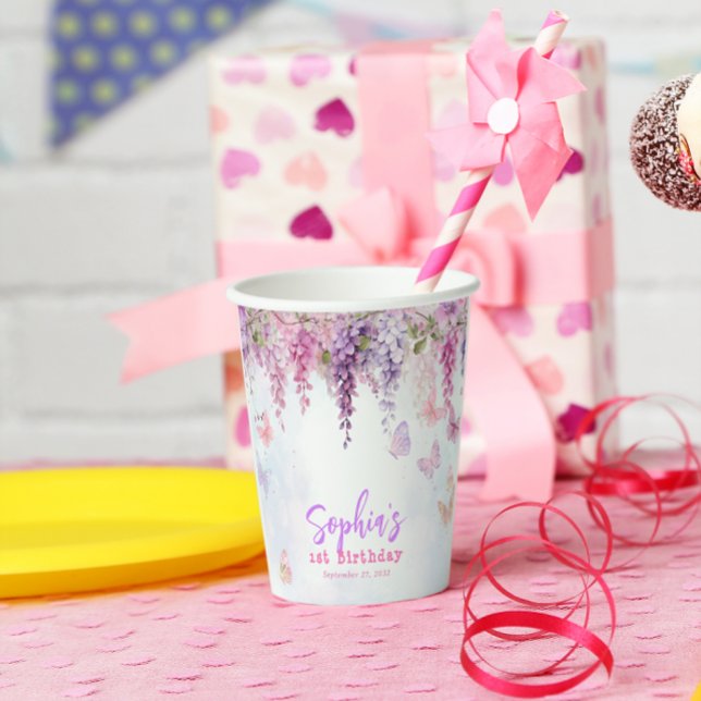 Magical Floral Wisteria Butterly Kids Birthday Paper Cups (Creator Uploaded)