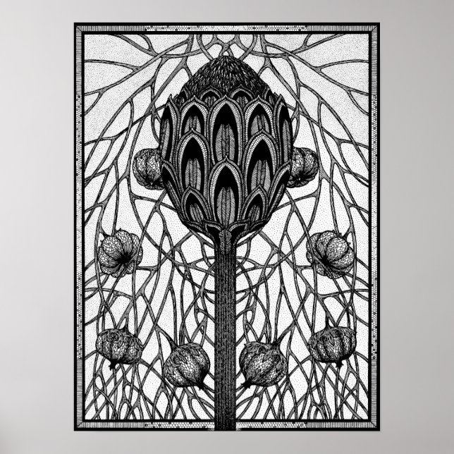 Magical Flower Branches Plant Ink Drawing Poster (Front)