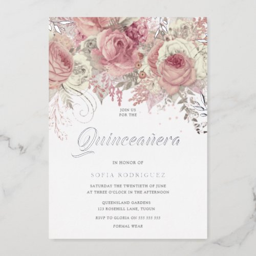 Magical Flowers Blush Rose Quinceanera Party 15th Foil Invitation