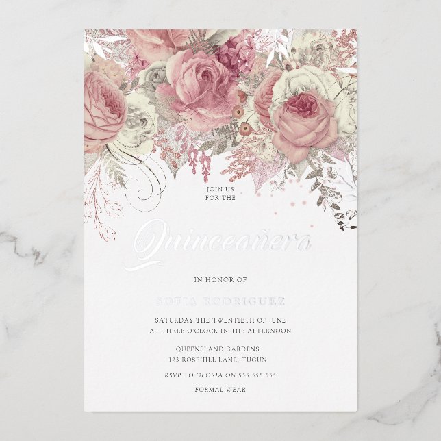 Magical Flowers Blush Rose Quinceanera Party 15th Foil Invitation (Front)