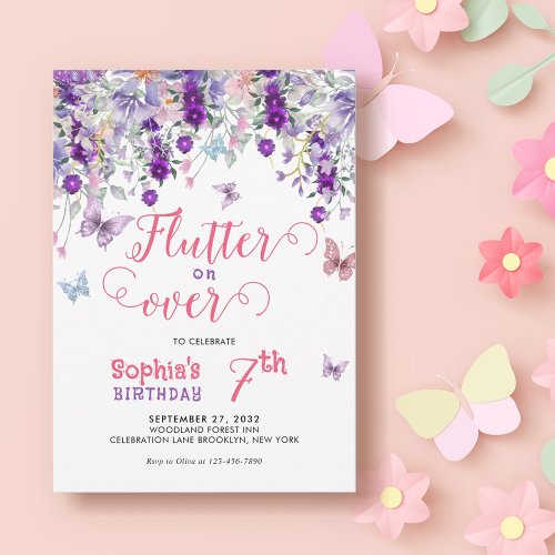 Magical Flutter on Over Floral Butterfly Birthday Invitation