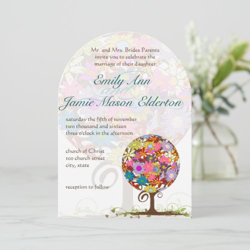 Whimsical Flower Love Tree Wedding Invitation