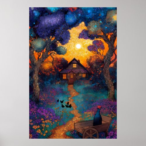 Magical Forest Cottage Vibrant Sunset Fantasy Art  Poster