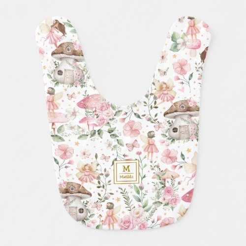 Magical Forest Fairy Garden Pink Floral Monogram Baby Bib