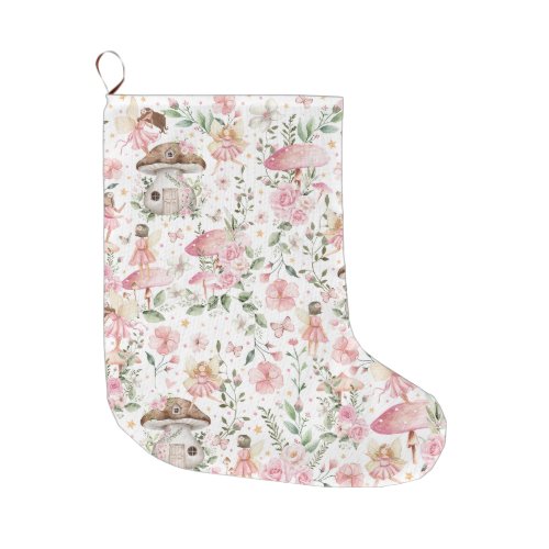Magical Forest Fairy Pink Floral Garden Large Christmas Stocking