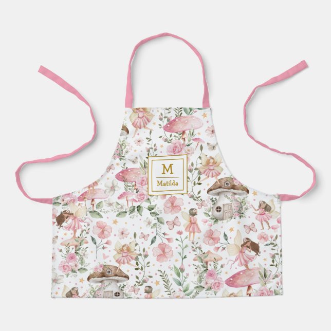 Magical Forest Fairy Pink Floral Garden Monogram Apron (Front)