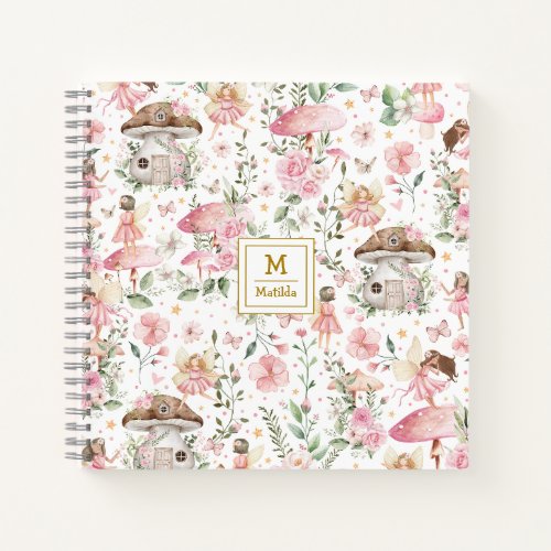 Magical Forest Fairy Pink Floral Garden Monogram Notebook