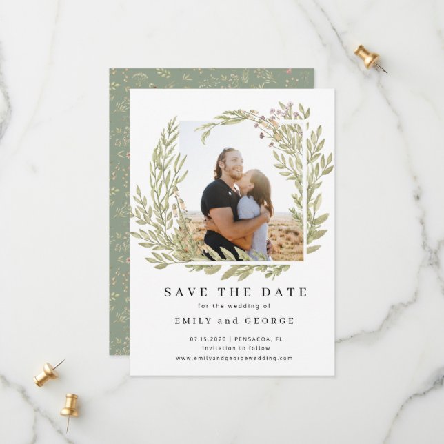 Magical Forest Floral Photo Save The Date Card (Front/Back In Situ)