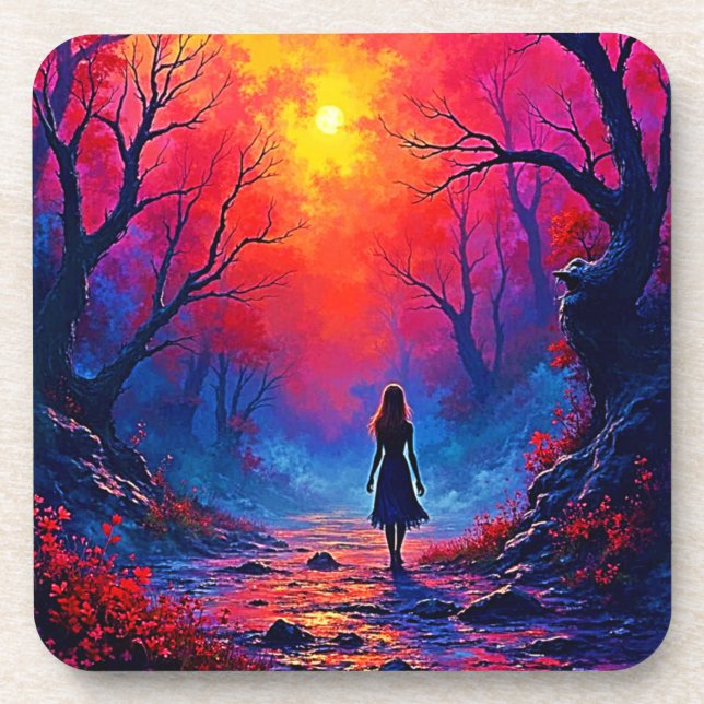 Magical Forest Girl's Solitude Design Beverage Coaster (Front)