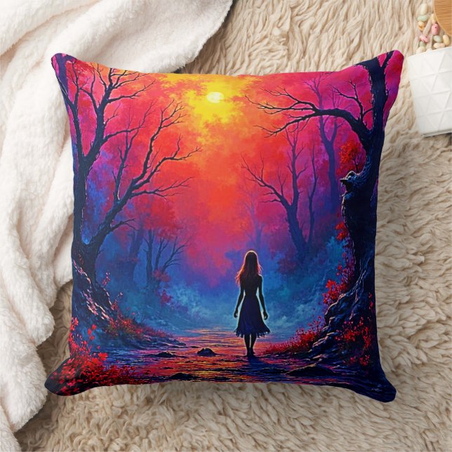 Magical Forest Girl's Solitude Design Throw Pillow (Blanket)