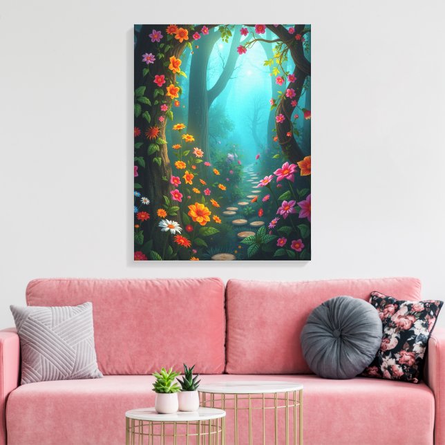 Magical Forest Pathway with Whimsical Wildflowers Canvas Print (Insitu(LivingRoom))