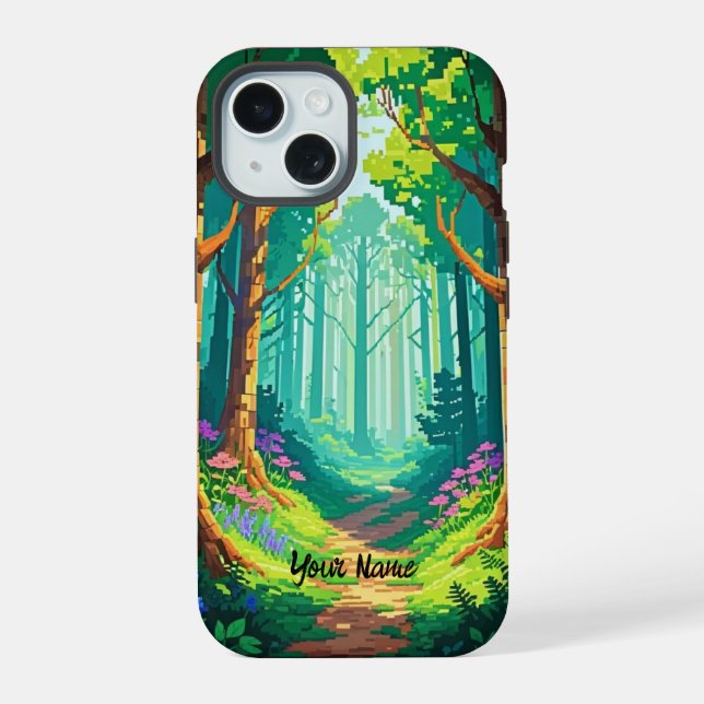 Magical Forest Pixel Art Personalized Name  iPhone 15 Case (Back)