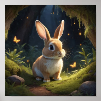 Magical Forest Scene with cute Rabbit Poster