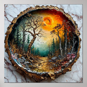 Magical Forest Sunset Wooden Circle Fantasy Nature Poster