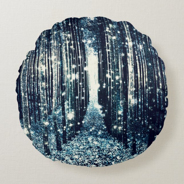 Magical Forest Teal Gray Elegance Round Pillow (Front)