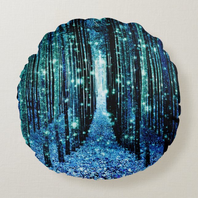 Magical Forest Turquoise Teal Round Pillow (Front)