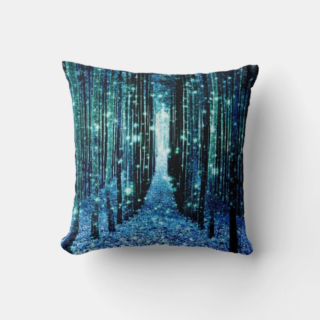 Magical Forest Turquoise Teal Throw Pillow (Front)
