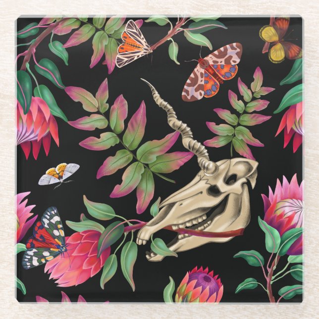 Magical Forest Unicorn Dark Pattern. Glass Coaster (Front)