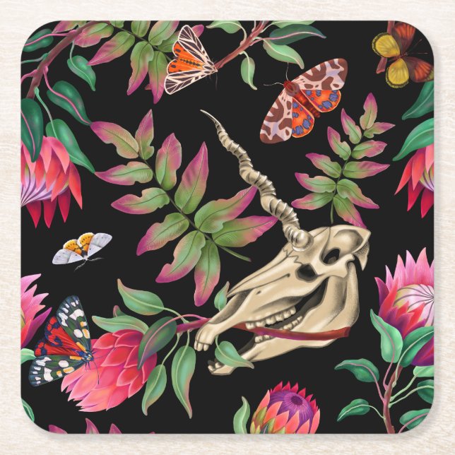 Magical Forest Unicorn Dark Pattern. Square Paper Coaster (Front)