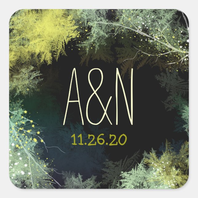 Magical Forest Wedding Monograms Square Sticker (Front)