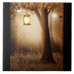 Magical Forest with Fairy Lights Ceramic Tile<br><div class="desc">Designed with a whimsical enchanting illustration in rich brown and yellow colors. A magical mystical forest with a large tree holding an old fashioned lantern. Fairy lights dancing all around.  An enchanting wonderful design.</div>