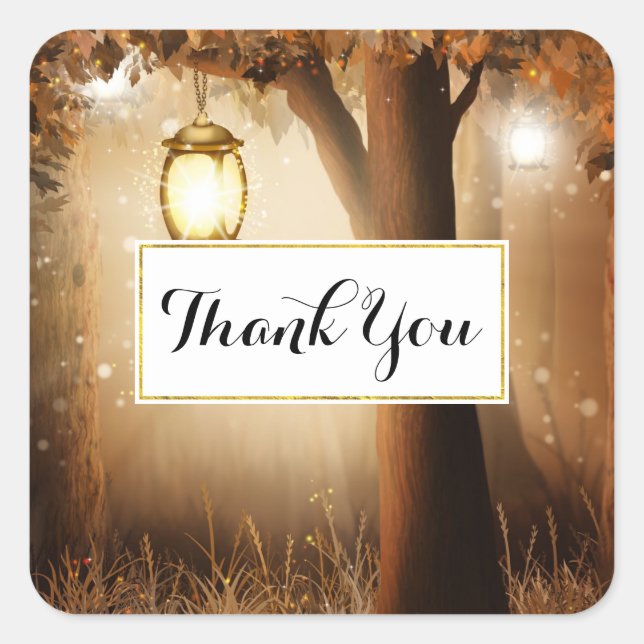 Magical Forest with Fairy Lights Thank You Square Sticker (Front)