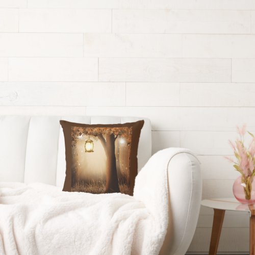 Magical Forest with Fairy Lights Throw Pillow