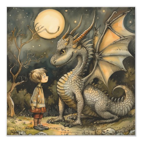 Magical Friendship Dragon and Child AI Generated Photo Print