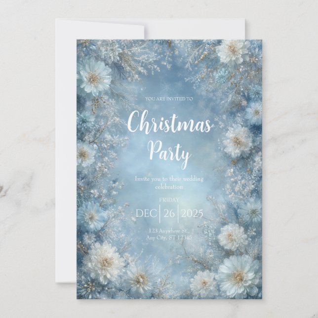 Magical Frosted Blue White Floral Winter Wedding Invitation (Front)