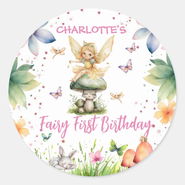 Magical Garden Fairy 1st Birthday  Classic Round Sticker (Front)