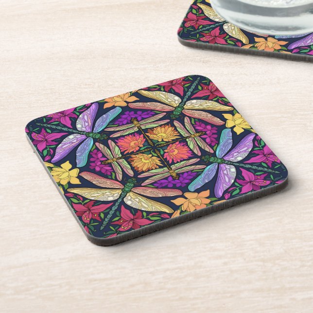 Magical Garden, Flowers & Dragonflies Beverage Coaster (Left Side)