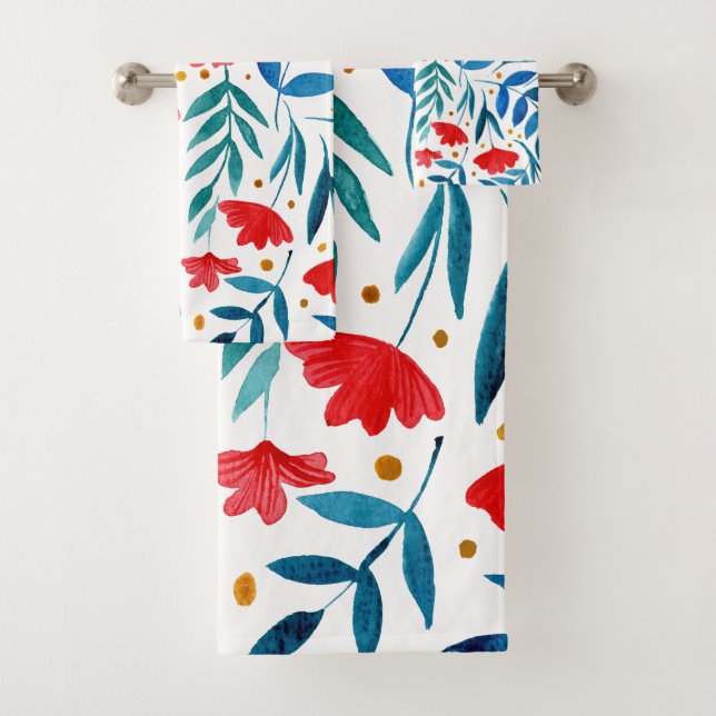 Magical garden - red and turquoise bath towel set (Insitu)