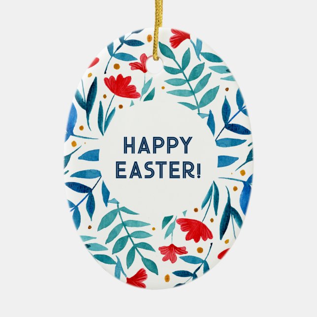 Magical garden - red and turquoise Easter Ceramic Ornament (Front)