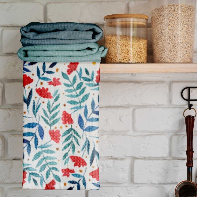 Magical garden - red and turquoise kitchen towel (Creator Uploaded)